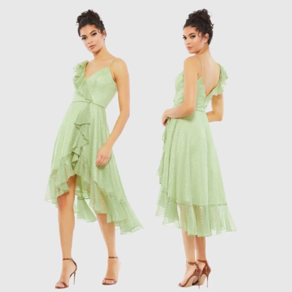 NWT Ieena for Mac Duggal  Green Ruffled Faux Wrap Polka Dot Midi Dress Size 6